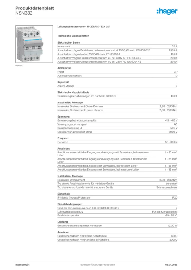 Bild Hager Produktdatenblatt NSN332 | Hager Deutschland