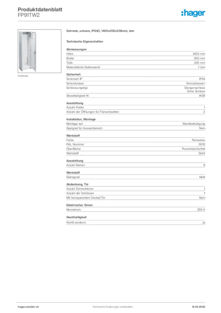 Bild Hager Produktdatenblatt FP91TW2 | Hager Schweiz