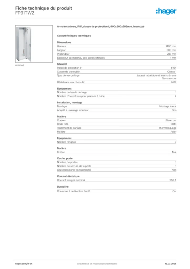 Image Hager Fiche technique du produit FP91TW2 | Hager Suisse