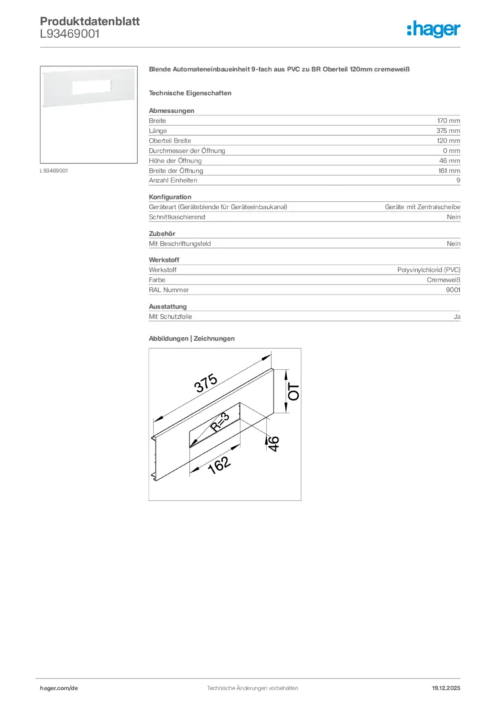Bild Hager Produktdatenblatt L93469001 | Hager Deutschland
