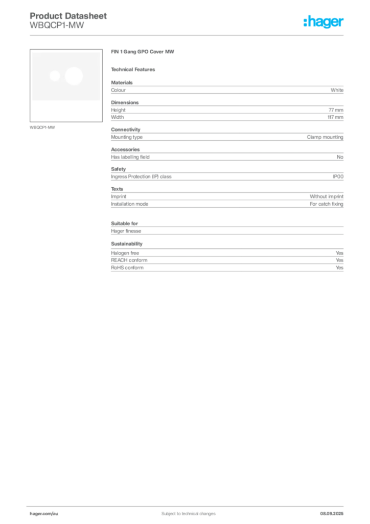 Image Hager Product data sheet WBQCP1-MW  | Hager Australia
