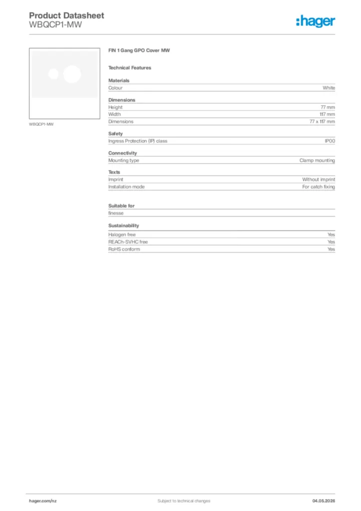 Image Hager Product data sheet WBQCP1-MW  | Hager New Zealand
