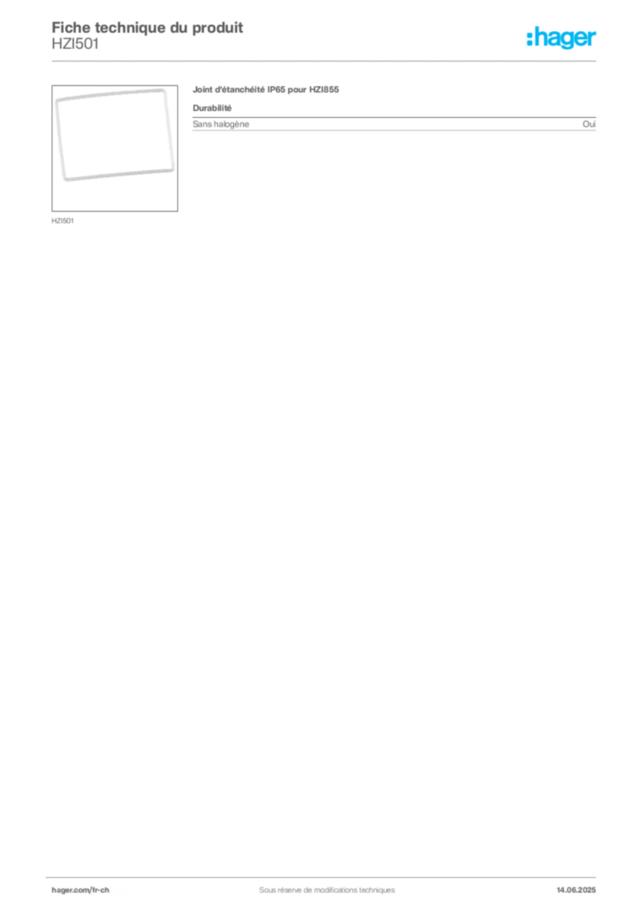 Image Hager Fiche technique du produit HZI501 | Hager Suisse