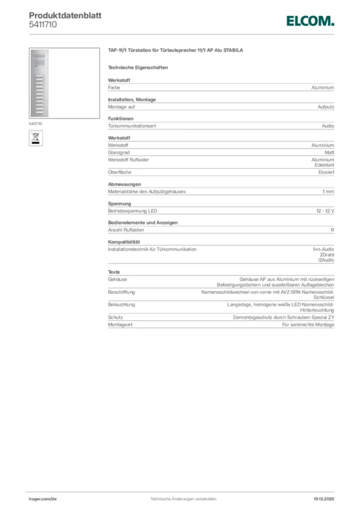 Bild Elcom Produktdatenblatt 5411710 | Hager Deutschland