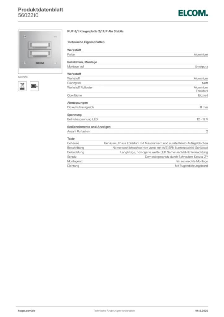 Bild Elcom Produktdatenblatt 5602210 | Hager Deutschland