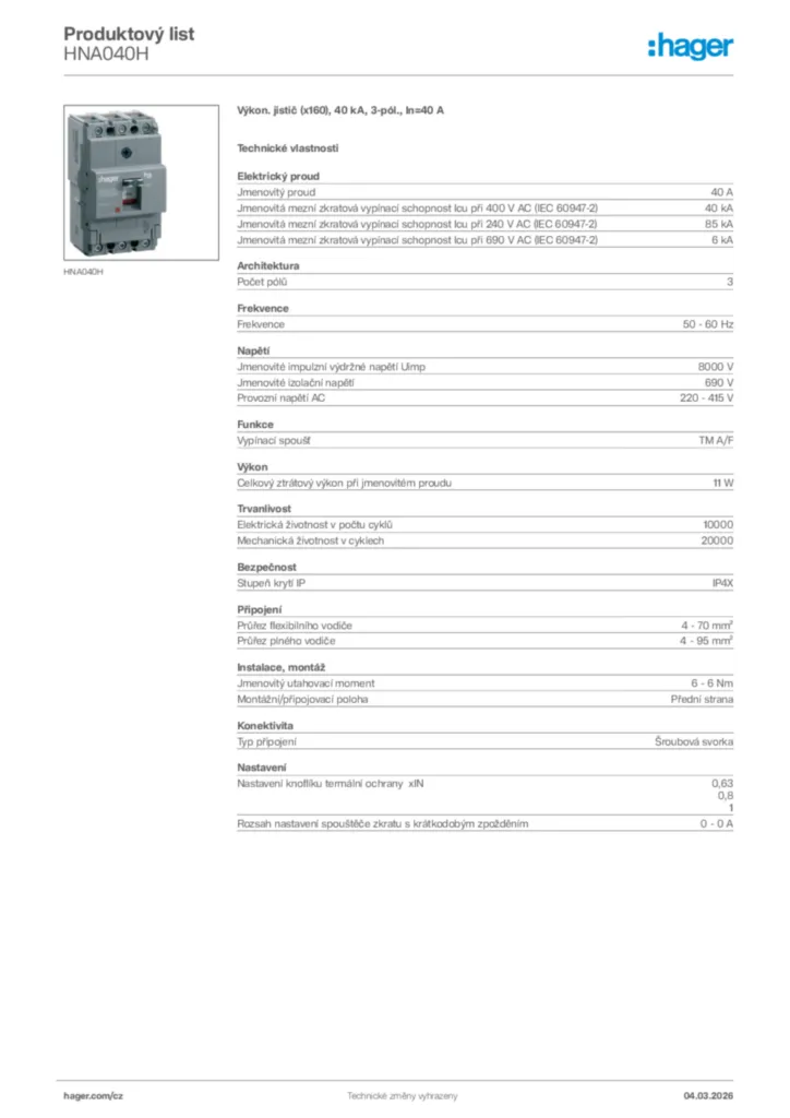 Obrázek Hager Product data sheet HNA040H | Hager