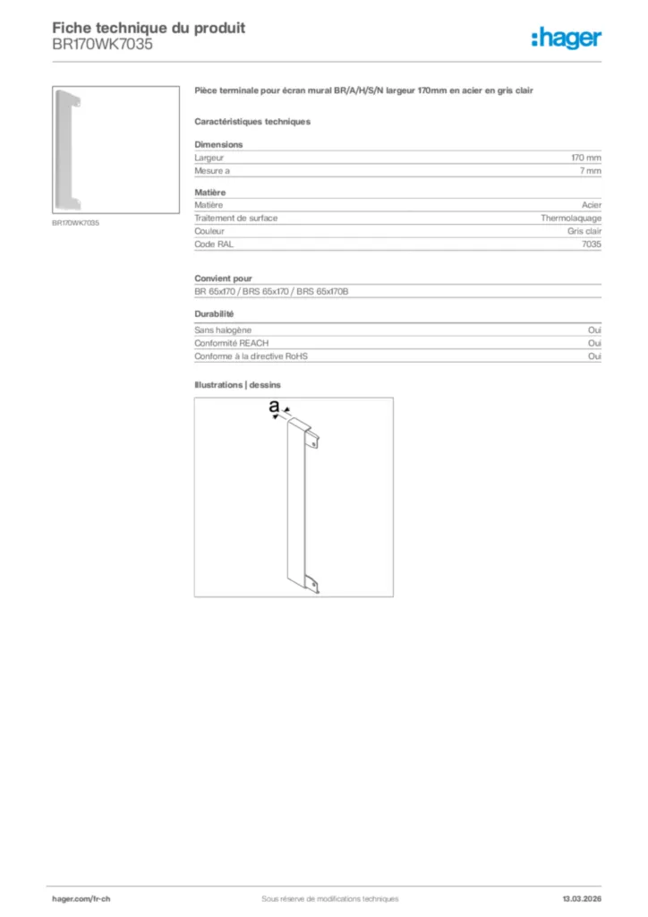 Image Hager Fiche technique du produit BR170WK7035 | Hager Suisse