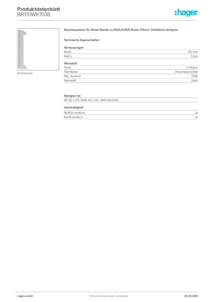Bild Hager Produktdatenblatt BR170WK7035 | Hager Deutschland