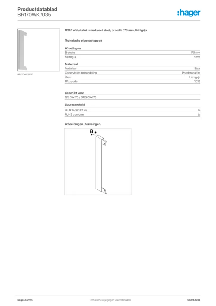 Afbeelding Hager Productdatablad BR170WK7035 | Hager Nederland