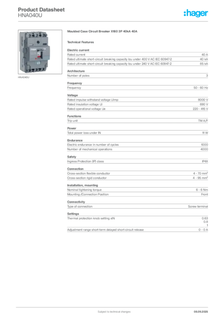 Image Hager Product data sheet HNA040U  | Hager