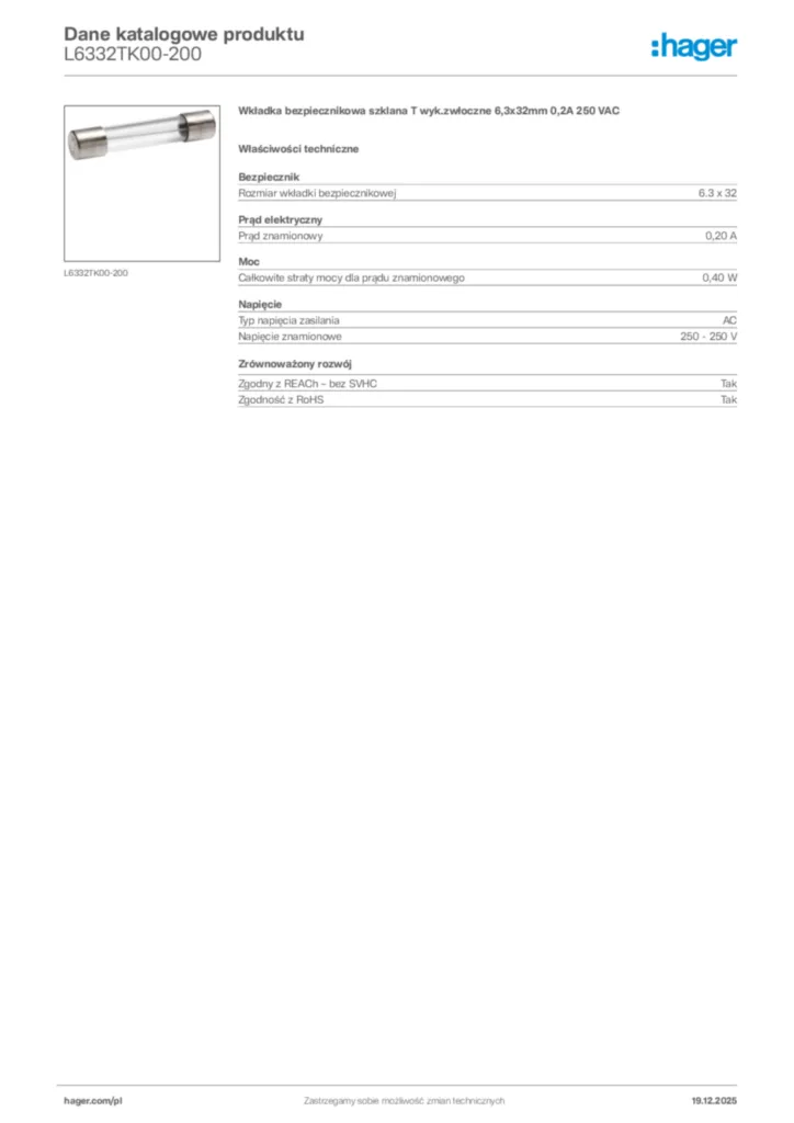 Zdjęcie Hager Karta katalogowa L6332TK00-200 | Hager Polska