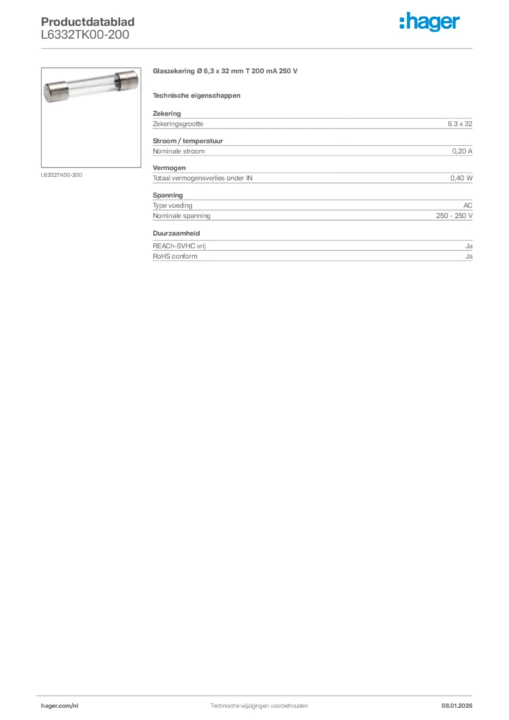 Afbeelding Hager Productdatablad L6332TK00-200 | Hager Nederland