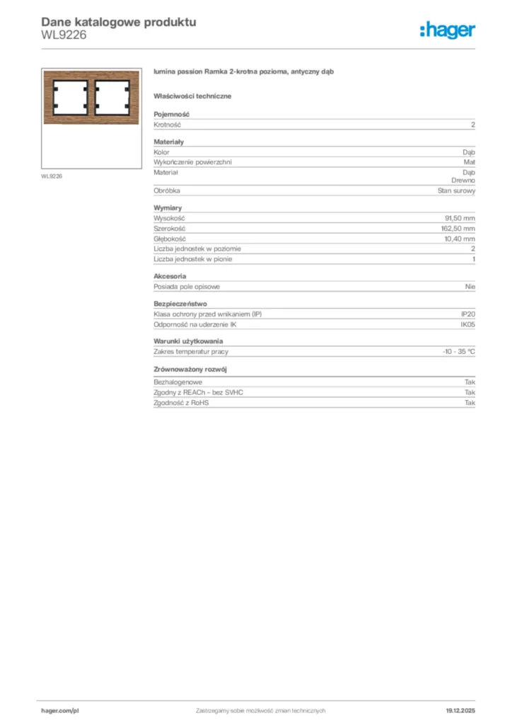 Zdjęcie Hager Karta katalogowa WL9226 | Hager Polska