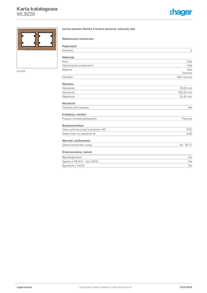 Zdjęcie Hager Karta katalogowa WL9226 | Hager Polska
