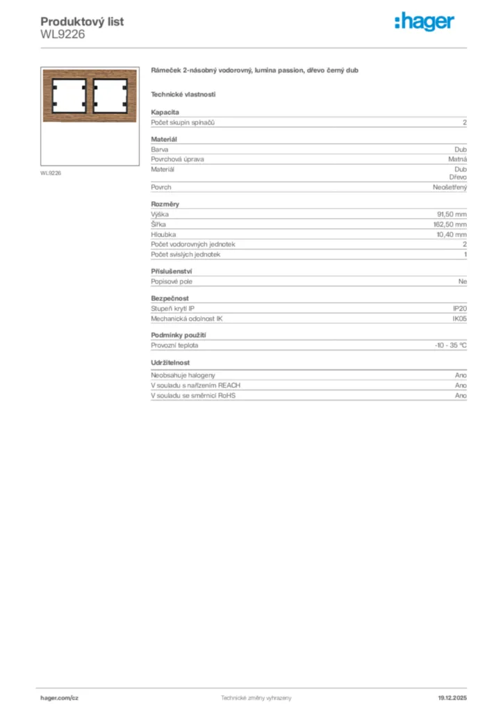 Obrázek Hager Produktový list WL9226 | Hager