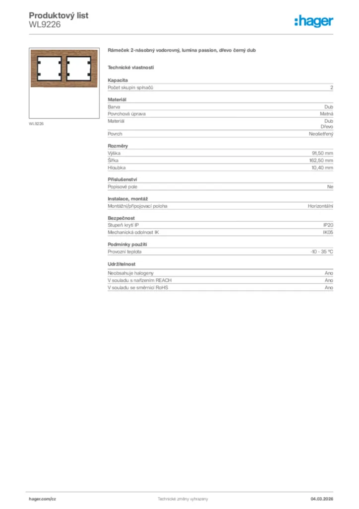 Obrázek Hager Product data sheet WL9226 | Hager