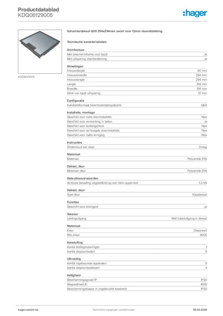 Afbeelding Hager Productdatablad KDQ08129005 | Hager Belgium