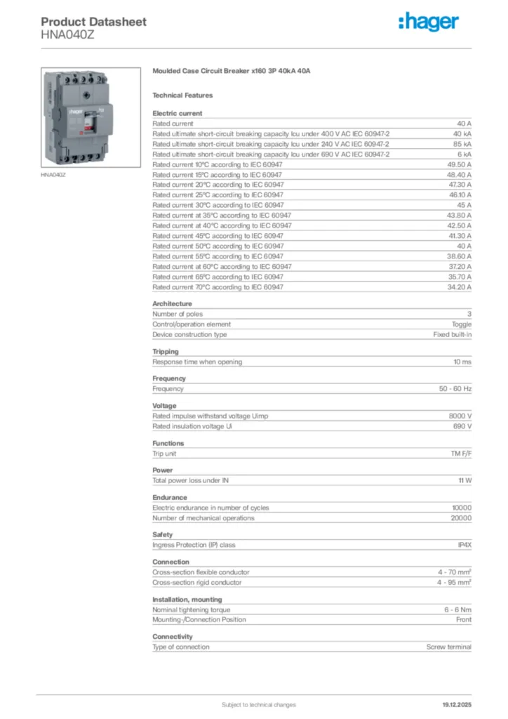 Image Hager Product data sheet HNA040Z  | Hager