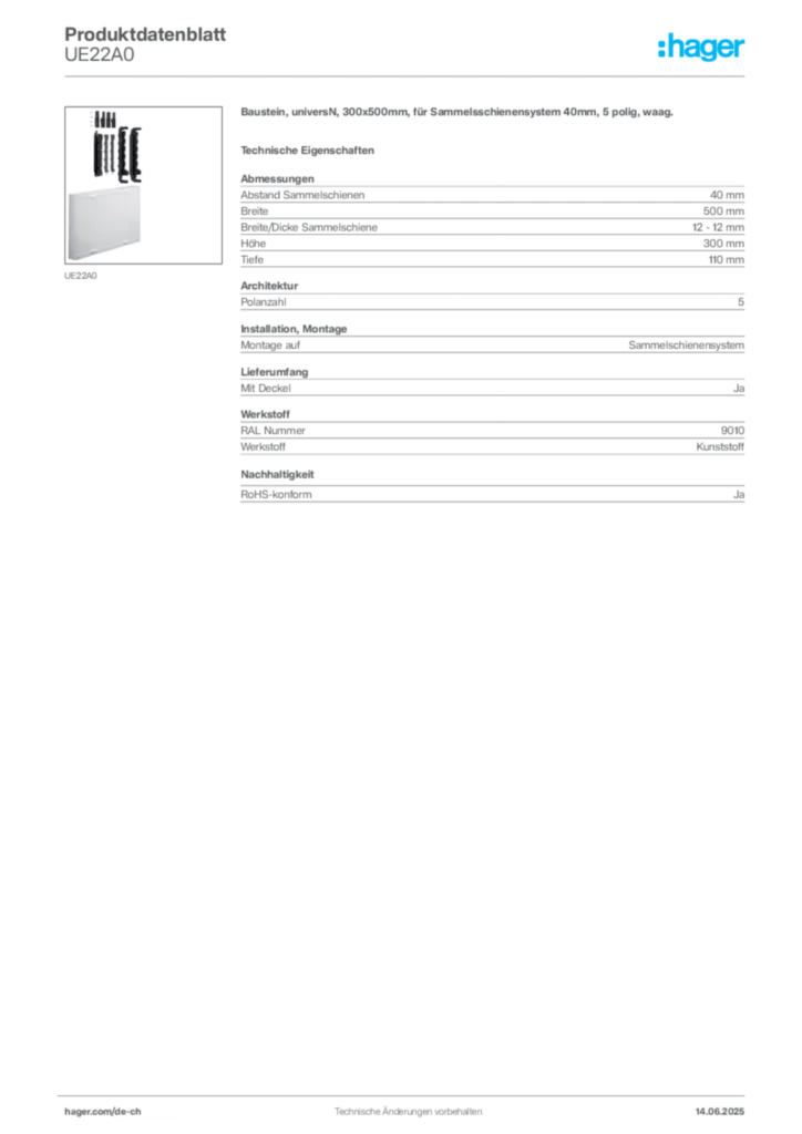 Bild Hager Produktdatenblatt UE22A0 | Hager Schweiz