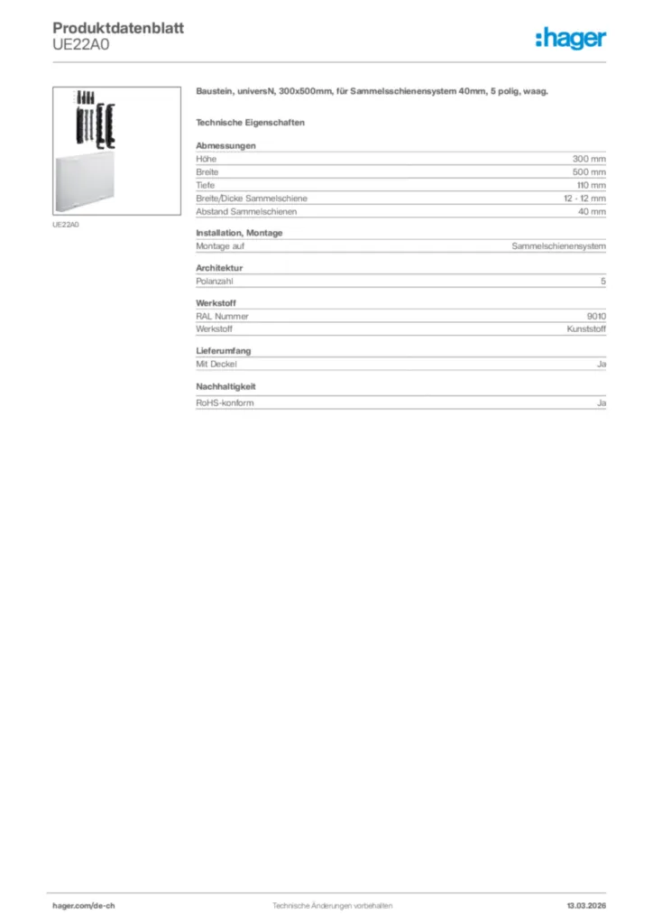Bild Hager Produktdatenblatt UE22A0 | Hager Schweiz