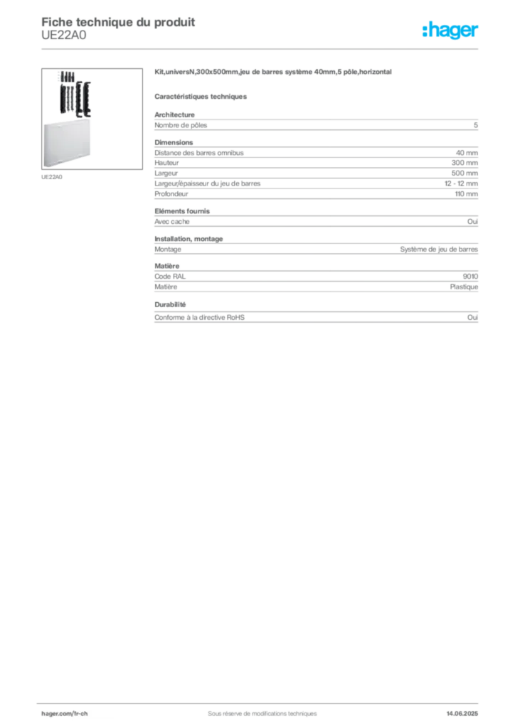 Image Hager Fiche technique du produit UE22A0 | Hager Suisse