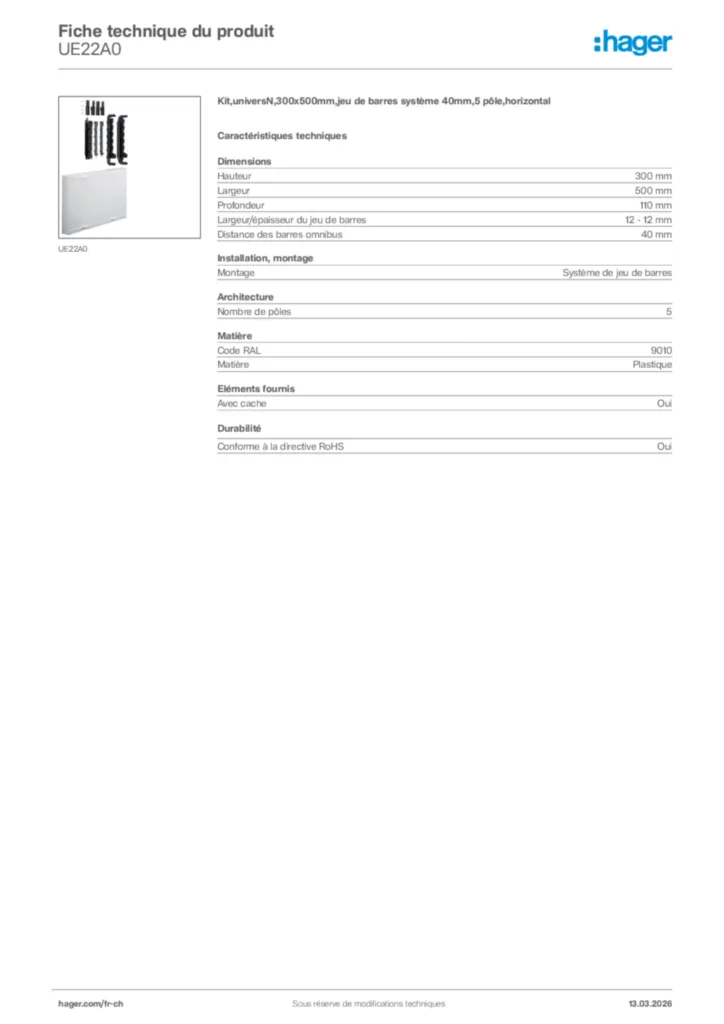 Image Hager Fiche technique du produit UE22A0 | Hager Suisse