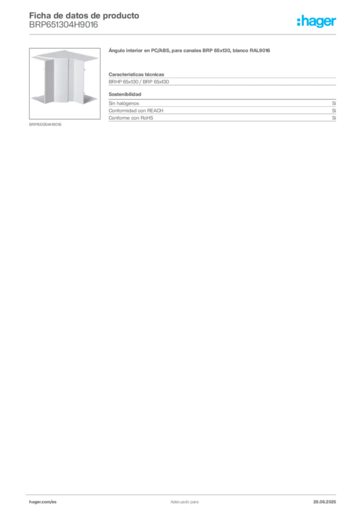 Imagen Hager Ficha de datos de producto BRP651304H9016 | Hager España