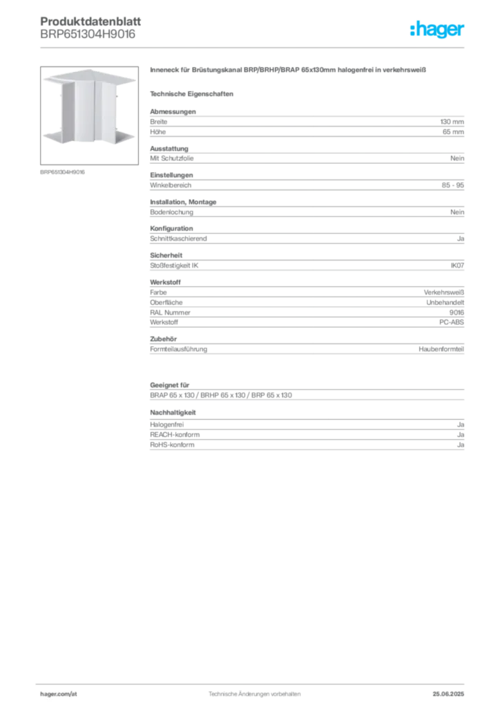 Bild Hager Produktdatenblatt BRP651304H9016 | Hager Deutschland