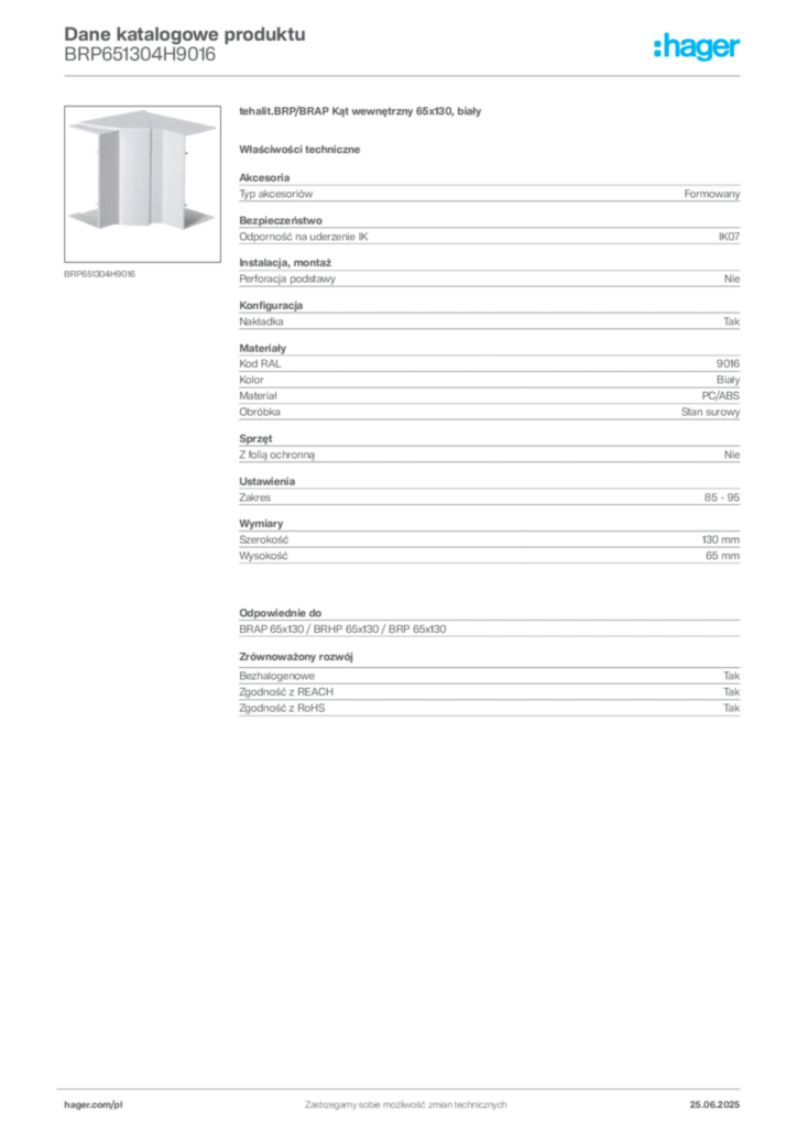 Zdjęcie Hager Karta katalogowa BRP651304H9016 | Hager Polska