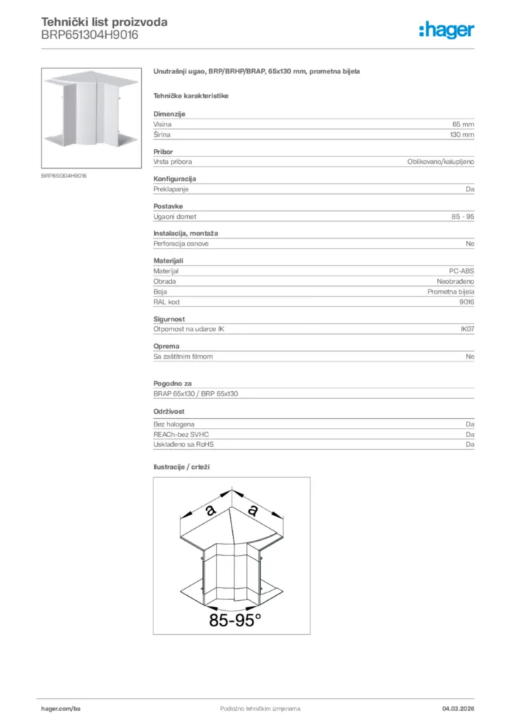 Slika Hager Tehnički list proizvoda BRP651304H9016  | Hager