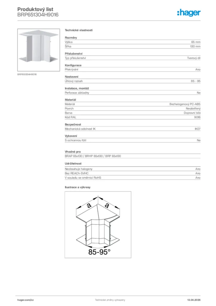 Obrázek Hager Product data sheet BRP651304H9016 | Hager
