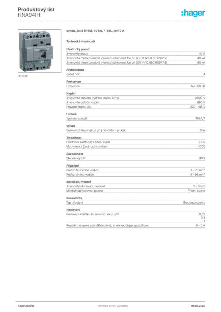 Obrázek Hager Produktový list HNA041H | Hager