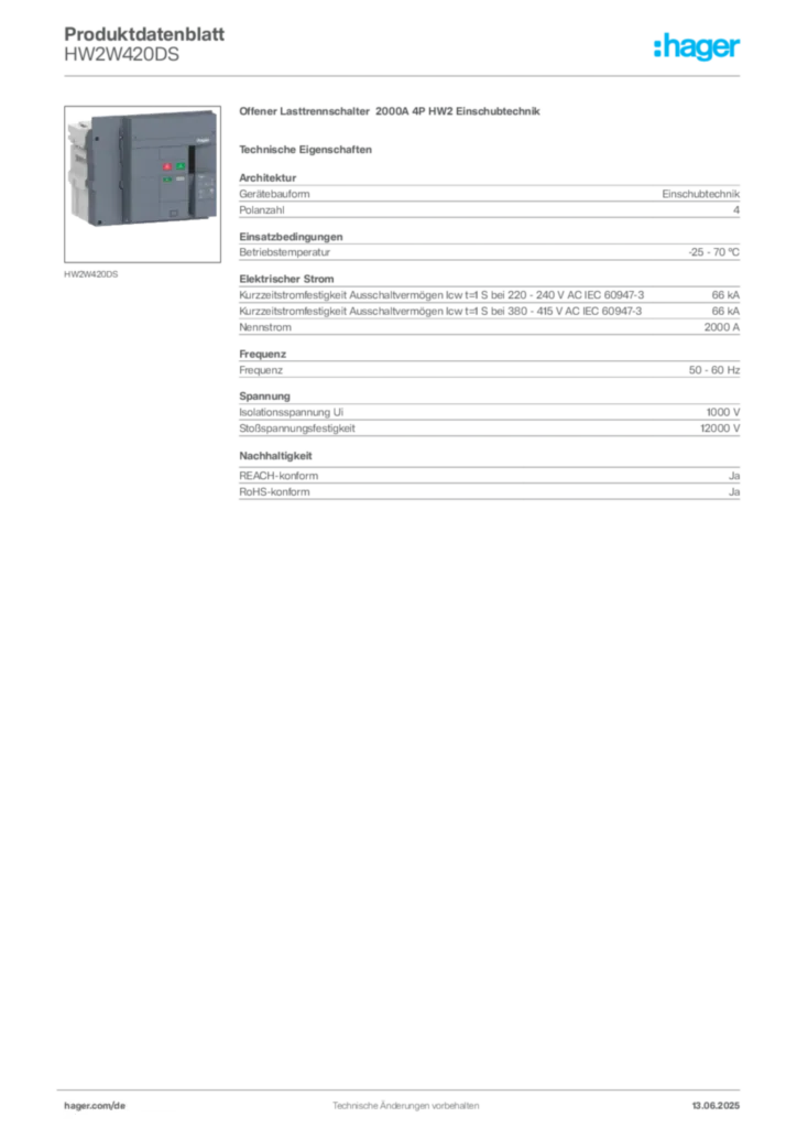 Bild Hager Produktdatenblatt HW2W420DS | Hager Deutschland