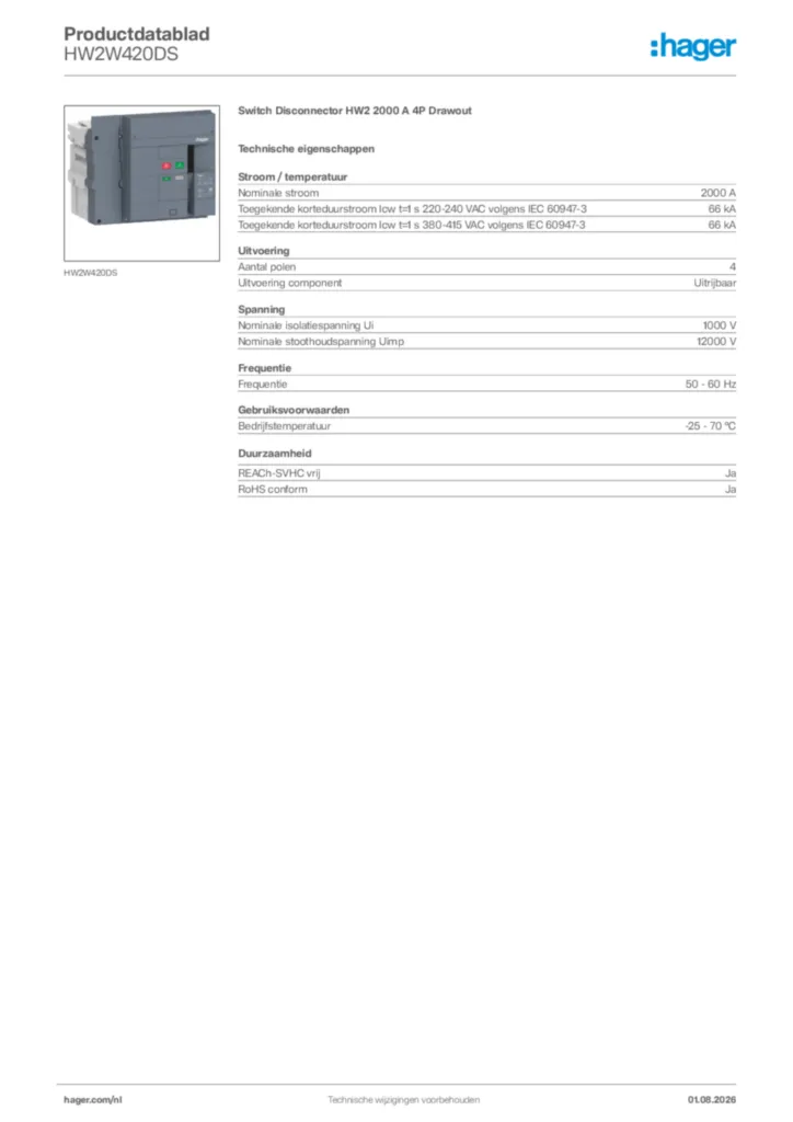 Afbeelding Hager Productdatablad HW2W420DS | Hager Nederland