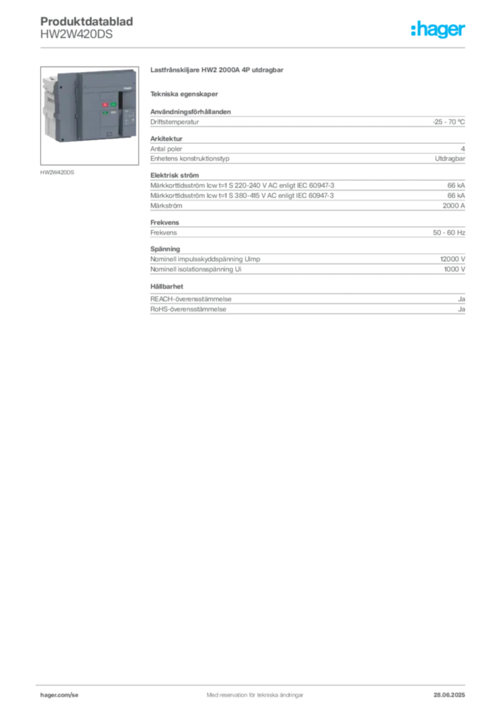 Bild Hager Produktdatablad HW2W420DS | Hager Sverige