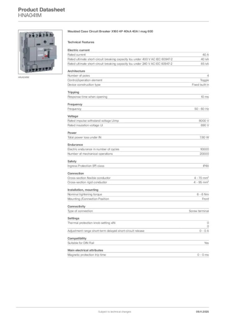 Image Hager Product data sheet HNA041M  | Hager Africa