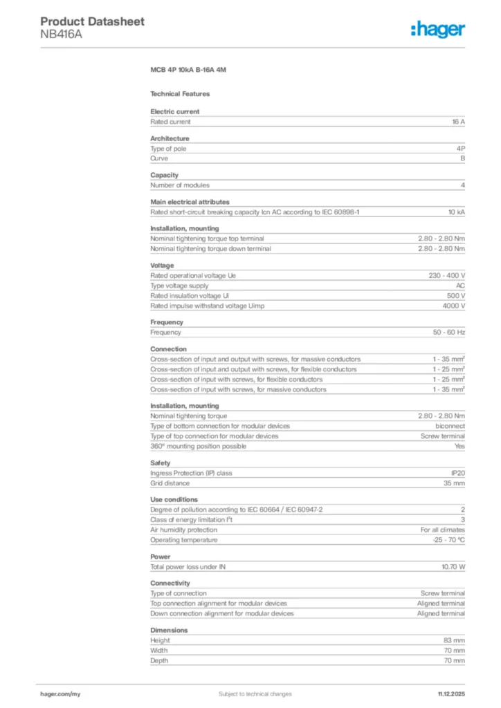 Image Hager Product data sheet NB416A  | Hager