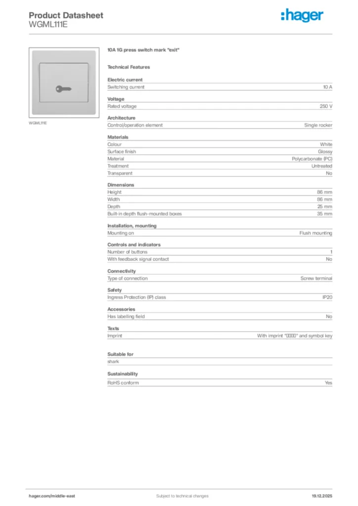 Image Hager Product data sheet WGML111E  | Hager