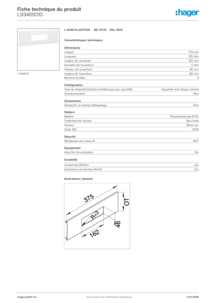 Image Hager Fiche technique du produit L93469010 | Hager Suisse