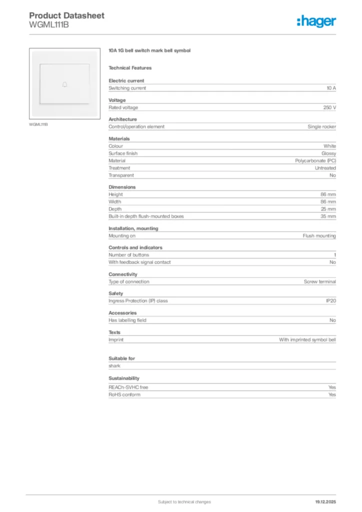 Image Hager Product data sheet WGML111B  | Hager