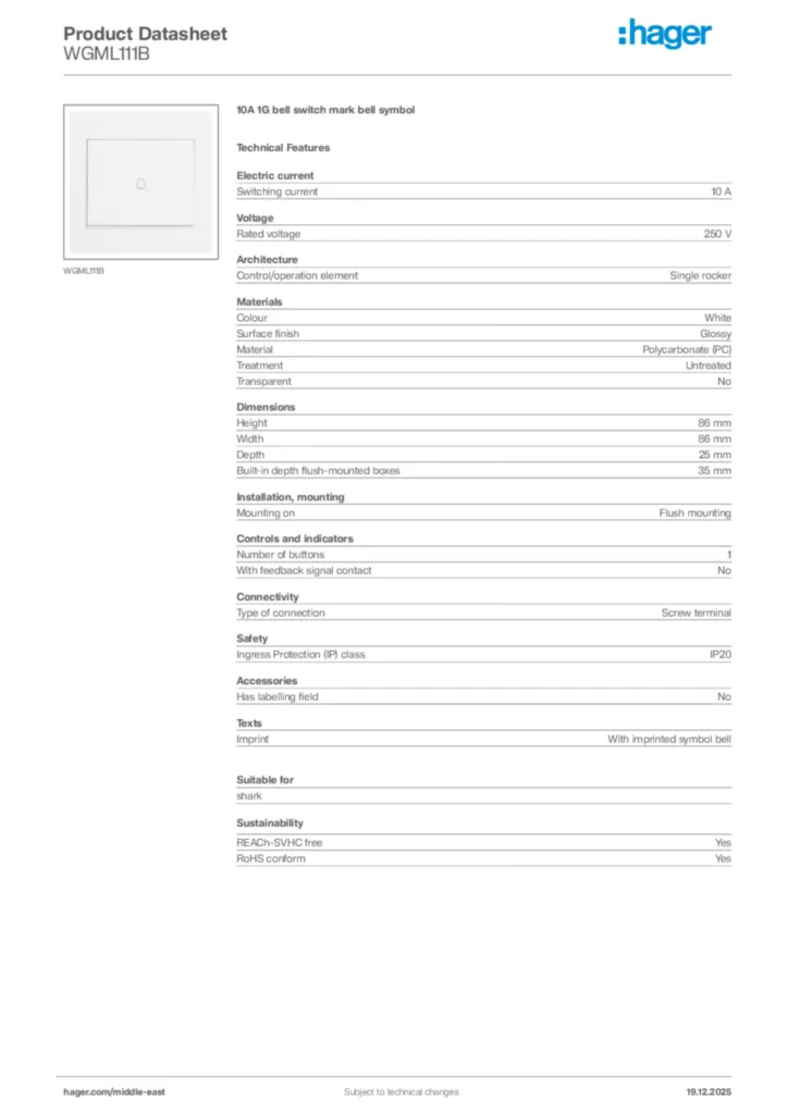 Image Hager Product data sheet WGML111B  | Hager