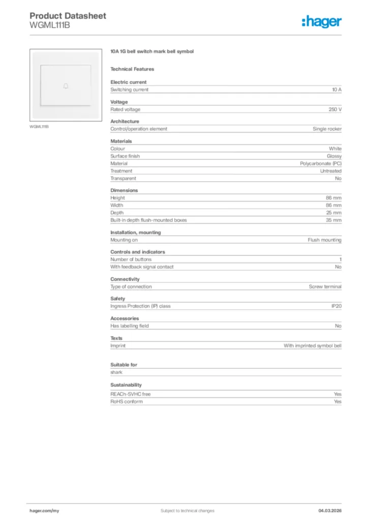 Image Hager Product data sheet WGML111B  | Hager