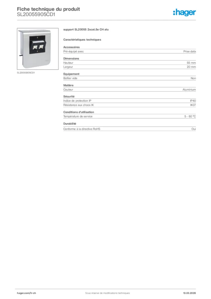 Image Hager Fiche technique du produit SL20055905CD1 | Hager Suisse