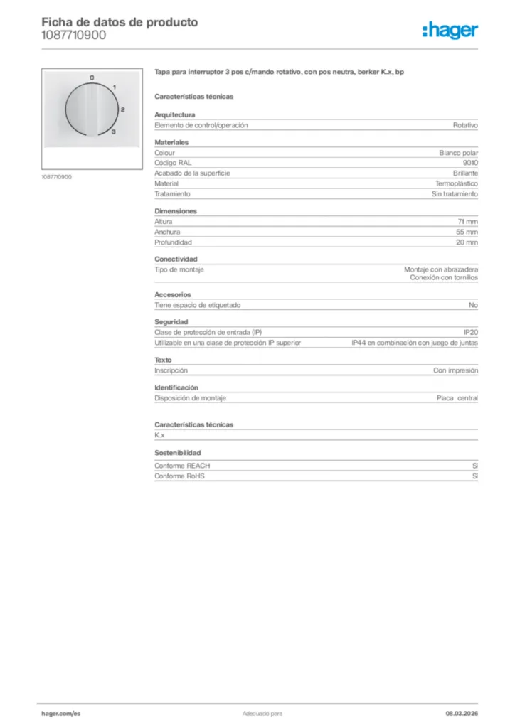 Imagen Hager Ficha de datos de producto 1087710900 | Hager España