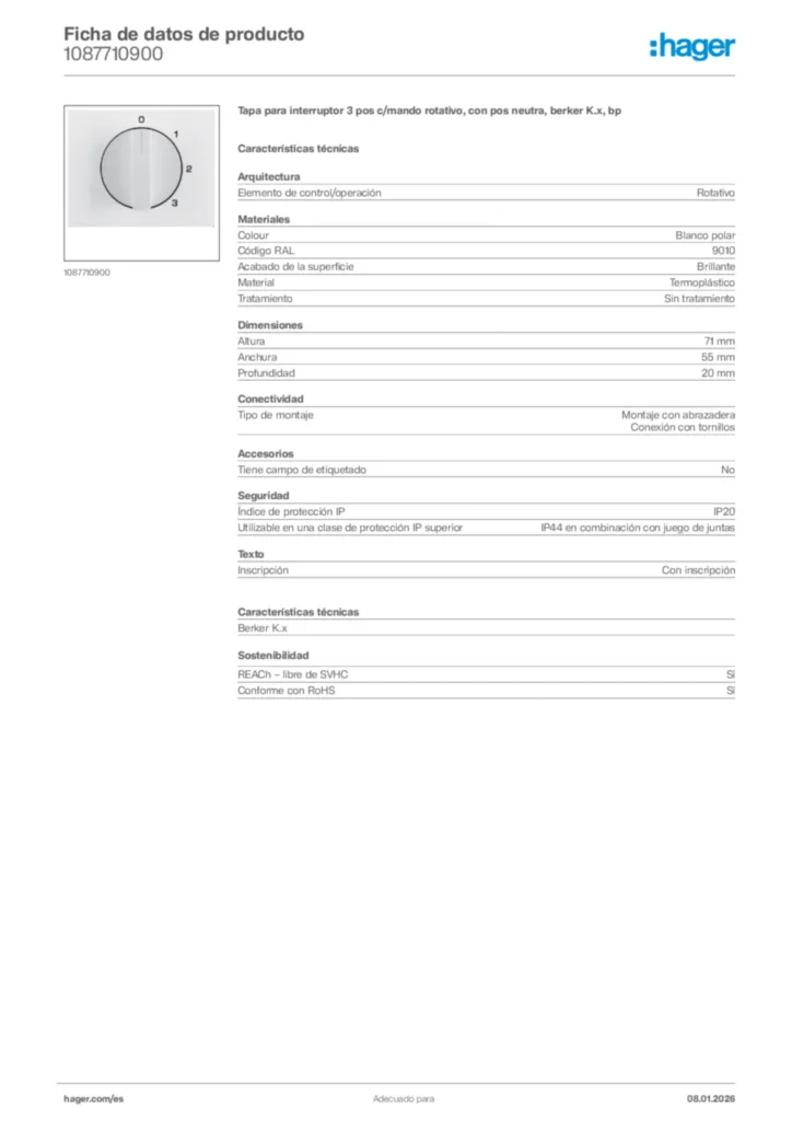 Imagen Hager Ficha de datos de producto 1087710900 | Hager España