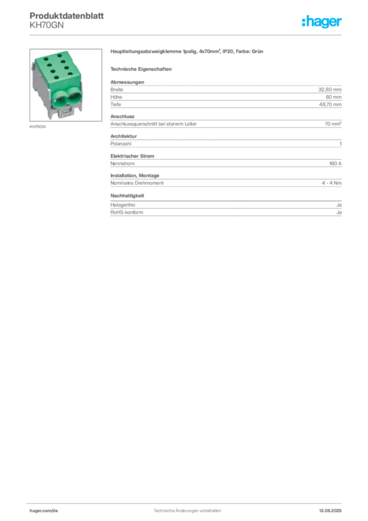 Hager Produktdatenblatt KH70GN