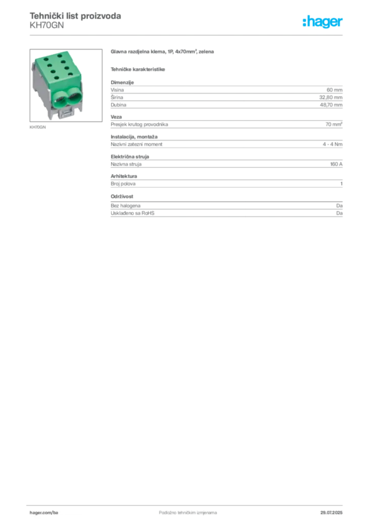 Slika Hager Product data sheet KH70GN  | Hager