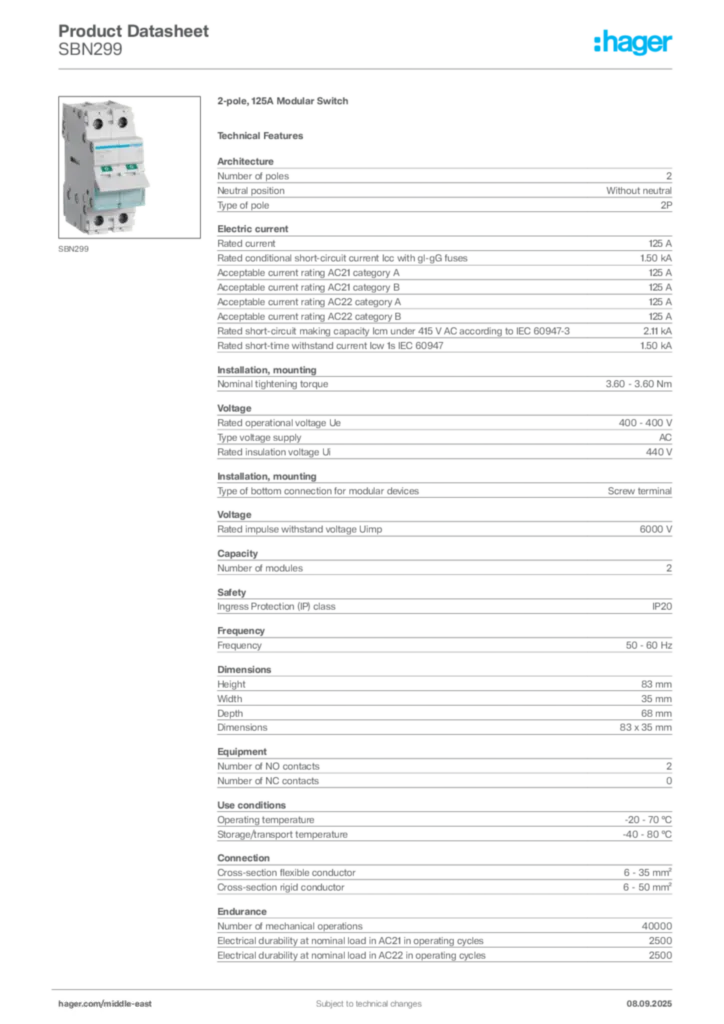 Image Hager Product data sheet SBN299  | Hager
