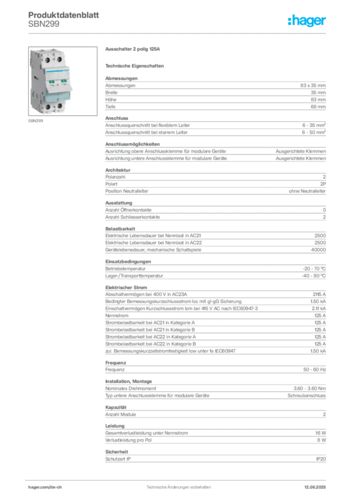 Bild Hager Produktdatenblatt SBN299 | Hager Schweiz