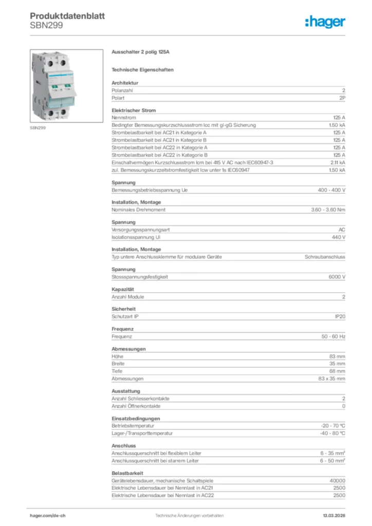 Bild Hager Produktdatenblatt SBN299 | Hager Schweiz